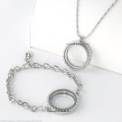 30mm Round Silver Tone Floating Charm Locket Bracelet Necklace Set Secure Clasp