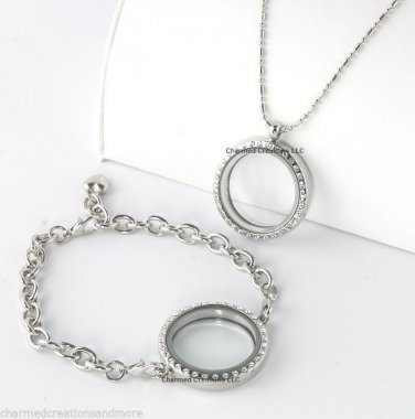 30mm Round Silver Tone Floating Charm Locket Bracelet Necklace Set Secure Clasp