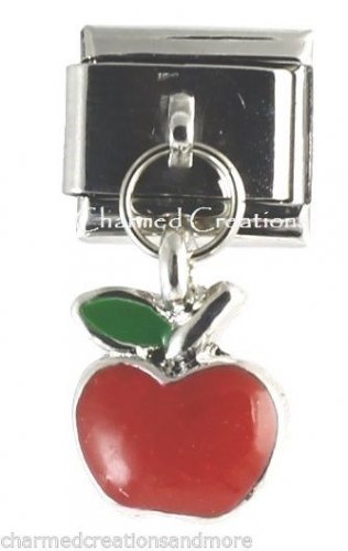9mm Italian Charm Stainless Modular Dangle Link Red Apple Teacher School