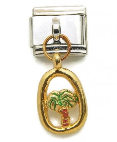 Palm Tree 9mm Italian Charm Stainless Dangle Modular Link Tropical Gold Tone