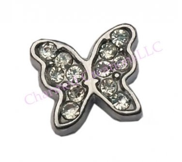 Silver CZ Butterfly Floating Charm For Glass Memory Locket Necklace Or Bracelet