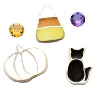 Halloween Floating Charms White Pumpkin Black Cat Candy Corn Purple Orange Gems