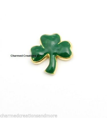 Large Gold Tone & Green Lucky Clover Floating Charm For Glass Memory Lockets