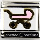 9mm Italian Charm Modular Link Newborn Baby Girl Daughter Carriage Gold Trim