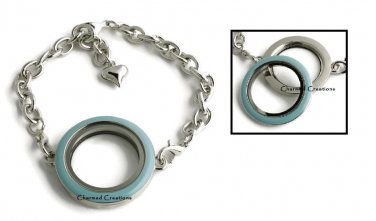 30mm Floating Charm Memory Locket Bracelet With Blue Enamel Screw Top Lid