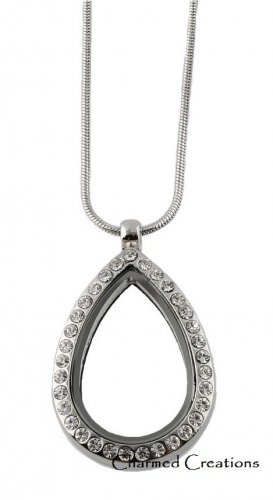 10pc Wholesale Lot Teardrop CZ Silver Tone Floating Charm Memory Locket Necklace