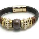Dark Brown Strap Bracelet Bead And Rhinestone Accents With Magnetic Closure