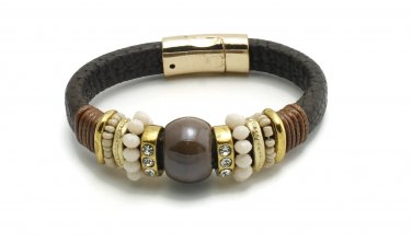 Dark Brown Strap Bracelet Bead And Rhinestone Accents With Magnetic Closure
