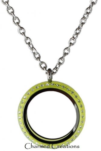 30mm Lime Green Acrylic Floating Charm Memory Locket Stainless Steel Necklace