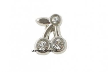 Silver Tone Cherry With Clear Cystals Fruit Floating Charm For Memory Locket