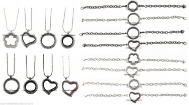 16pc Lot 25mm 30mm Round Heart Floating Charm Locket Bracelets Necklace Sets Kit