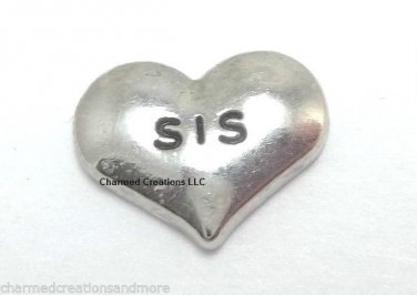 Sis Silver Tone Heart Love Floating Charm For Our Glass Memory Locket Necklaces
