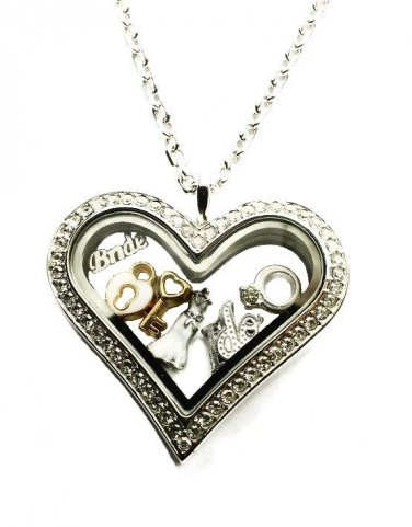 Wedding Floating Charm Locket Stainless Steel Heart Necklace Ring Dress Bride