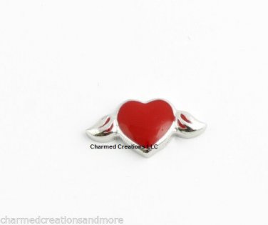 Red Heart & Wings Silver Tone Floating Charm For Glass Memory Locket Necklaces