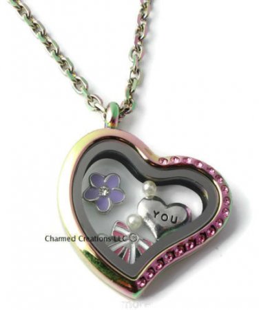 Rainbow Stainless Steel Pink CZ Heart Floating Charm Locket & Chain Necklace