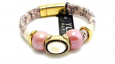 Pink And Black Strap Bracelet With Pink Beads And A  White Oval Center Stone