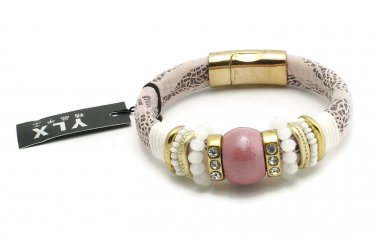 Pink And Black Strap Bracelet Bead And Rhinestone Accents With Magnetic Closure
