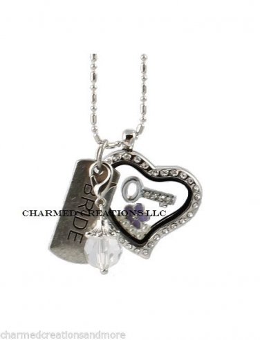 Bride Tag With Key Pearls & Purple Flower Floating Charms CZ Heart Glass Locket