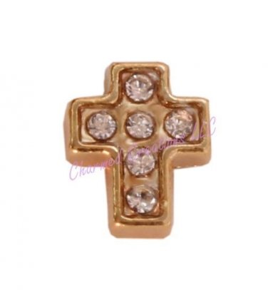 Floating Charm For Glass Memory Locket Necklace Gold Tone CZ Cross Religious