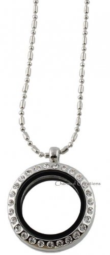 5pc Lot Mini 25mm Round CZ Silver Tone Floating Charm Memory Locket Necklaces