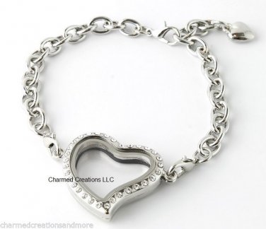 SECURITY CLASP 5pc Lot Crystal Heart Floating Charm Memory Locket Bracelet