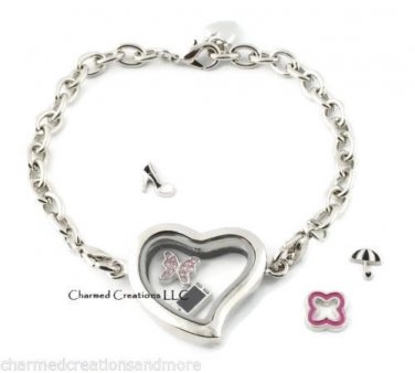 5pc Wholesale Lot Plain Silver Tone Heart Floating Charm Memory Locket Bracelet