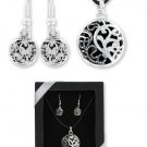Entangled Filigree Scrolls Circle Pendant Earring Necklace Box Set Silver Black