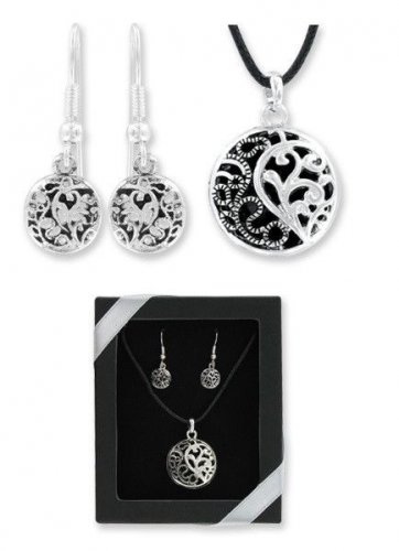 Entangled Filigree Scrolls Circle Pendant Earring Necklace Box Set Silver Black