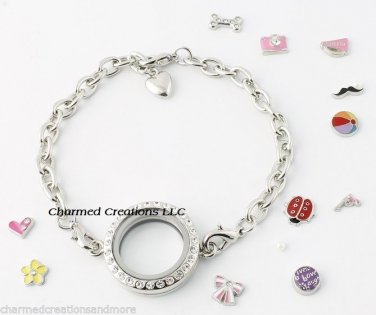 10pc Lot 25mm Mini Round Floating Charm Locket Bracelet With Crystals Reversible