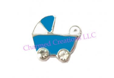 Blue Baby Boy Stroller Pram CZ Floating Charms For Glass Memory Locket Necklace