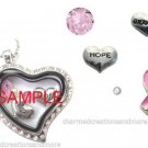 Grandma Pink Ribbon Breast Cancer Awareness Floating Charms & Glass Heart Locket