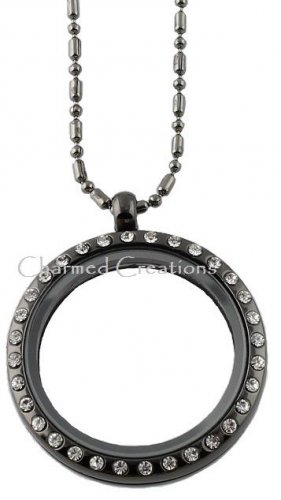 10pc Lot 30mm Round CZ Gun Metal Floating Charm Memory Locket & Chain Necklace
