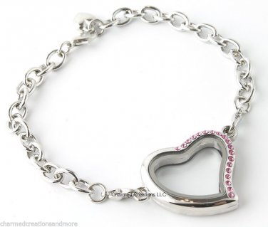 SECURITY CLASP 5pc Lot Pink Crystal Heart Floating Charm Memory Locket Bracelet