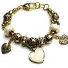 Gold Tone European Core Bead Bracelet Enamel Heart Faux Pearl Spacers 7 8 Inch