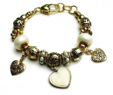 Gold Tone European Core Bead Bracelet Enamel Heart Faux Pearl Spacers 7 8 Inch