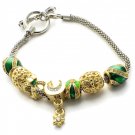 Royal Crown European Core Bead Toggle Bracelet Gold Tone Green Heart Moon Star
