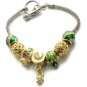 Royal Crown European Core Bead Toggle Bracelet Gold Tone Green Heart Moon Star