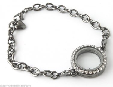 SECURITY CLASP 5 Lot 25mm Gunmetal Round Floating Charm Locket Bracelet Black