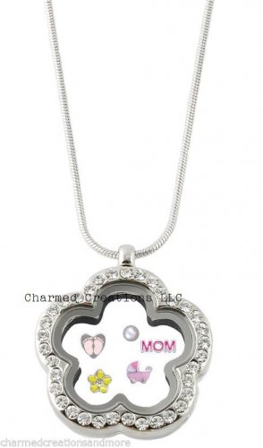 5pc CZ Silver Tone Flower Clover Floating Charm Memory Locket Necklace & Chain