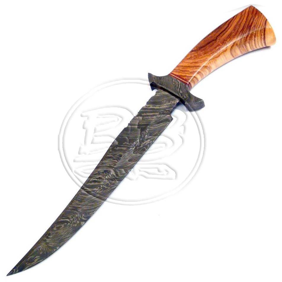 14″ Custom Hand Forged Damascus Steel Bowie Olive Wood Knife (BB-BW1004)