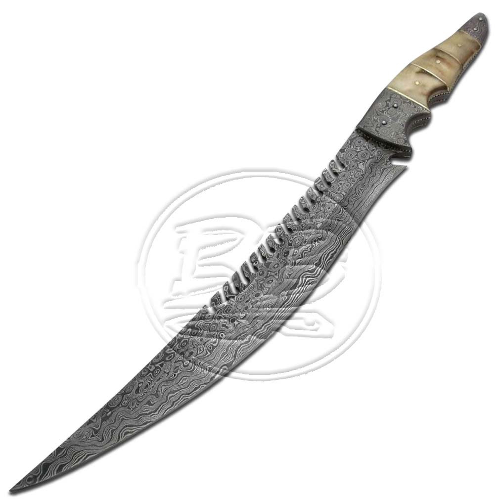 17″ Custom Hand Forged Damascus Steel Bowie Ram Horn Knife (BB-BW1005)