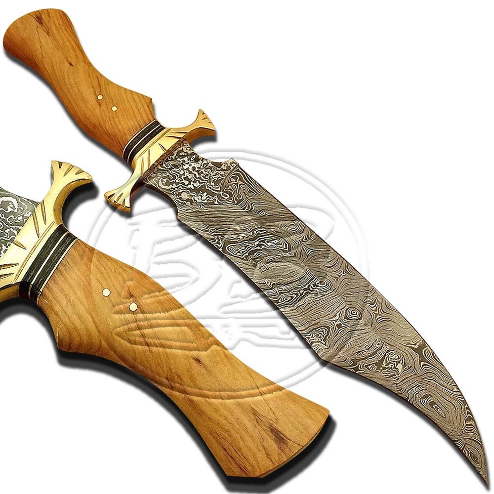 13.5″ Custom Hand Forged Damascus Steel Bowie Olive Wood Knife (BB-BW996)