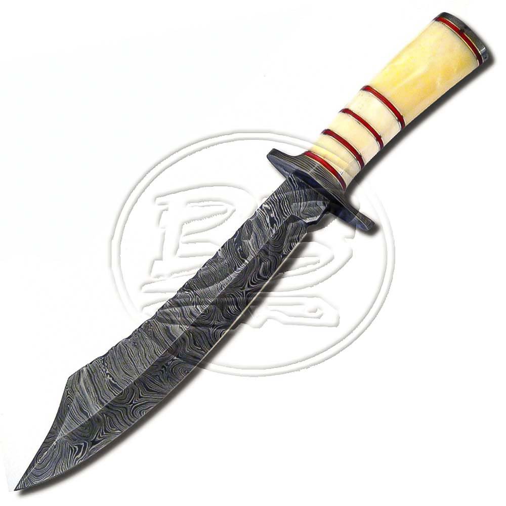 14.0″ Custom Hand Forged Damascus Steel Bowie White Camel Bone Knife (BB-BW984)