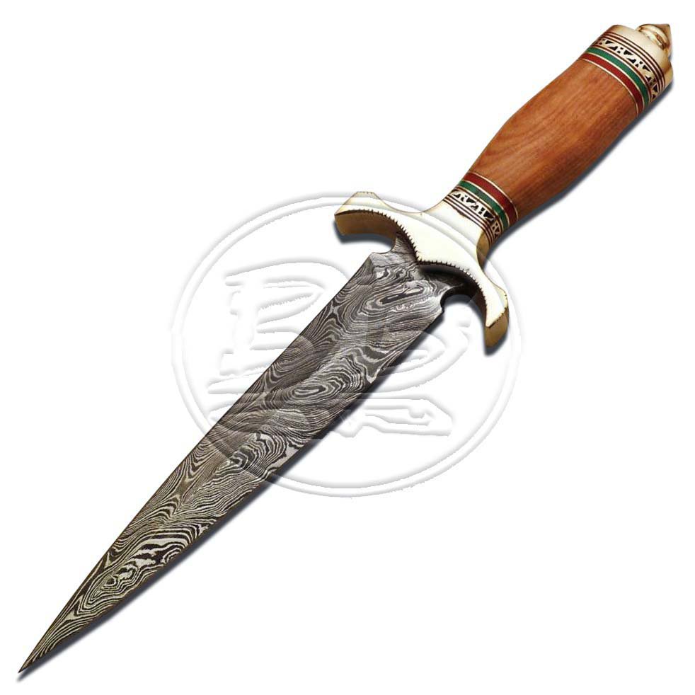13″ Custom Hand Forged Damascus Steel Double Edged Dagger Olive Wood Knife (BB-DG1005)