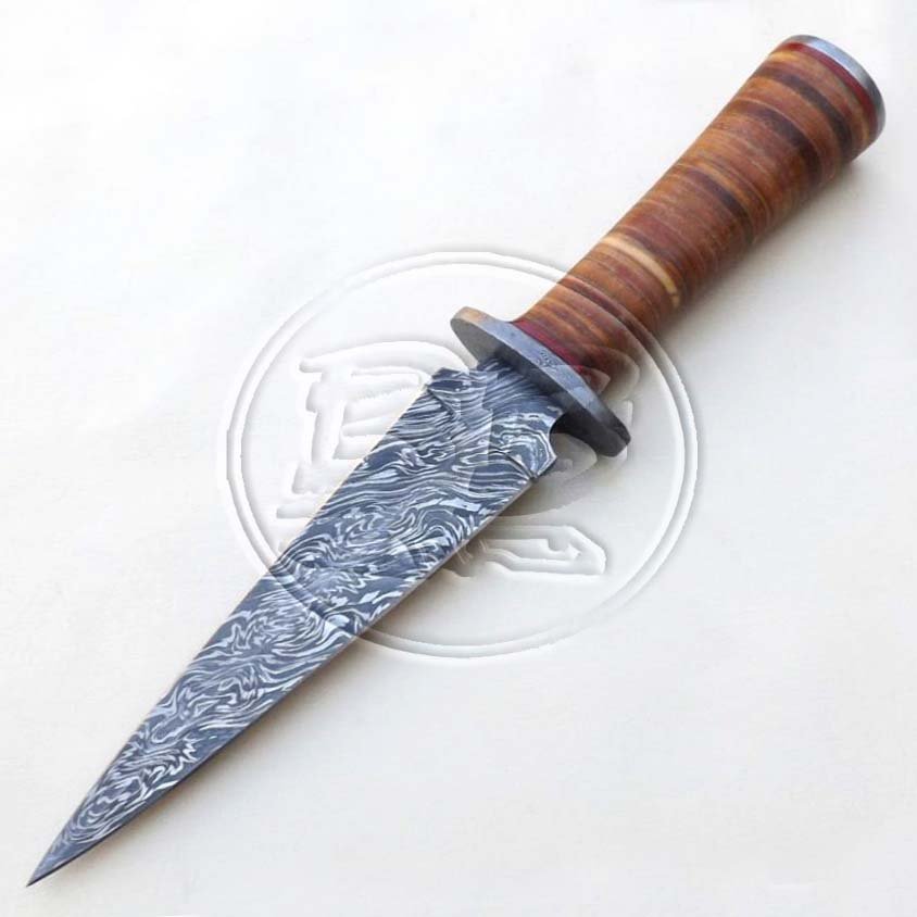 11″ Custom Hand Forged Damascus Steel Double Edged Dagger Stack Leather Knife (BB-DG1006)