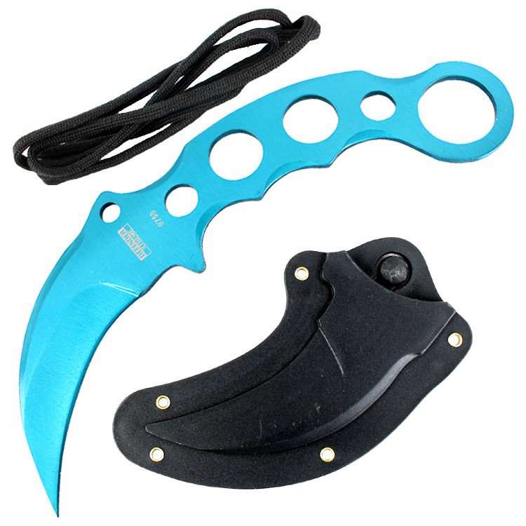 Karambit knife self defense hunting tactical curved blade blue 7.5