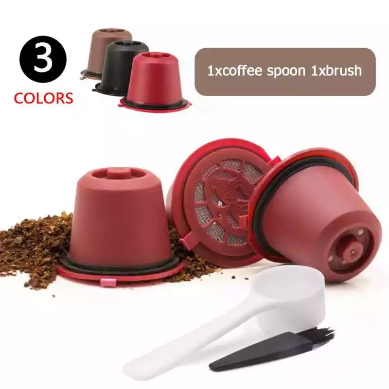 3pcs Refillable Reusable Coffee Capsule Filters for Nespresso Coffee Machine with Brush Spoon