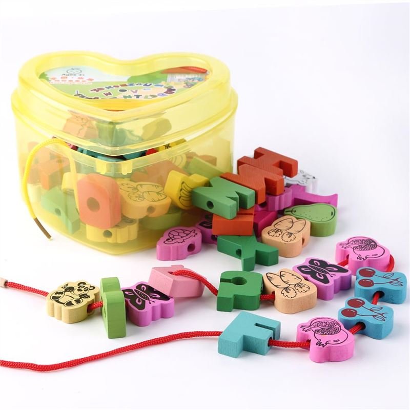 Wooden Lacing Beads Animals Blocks Heart-shape Box Threading Educational Toy