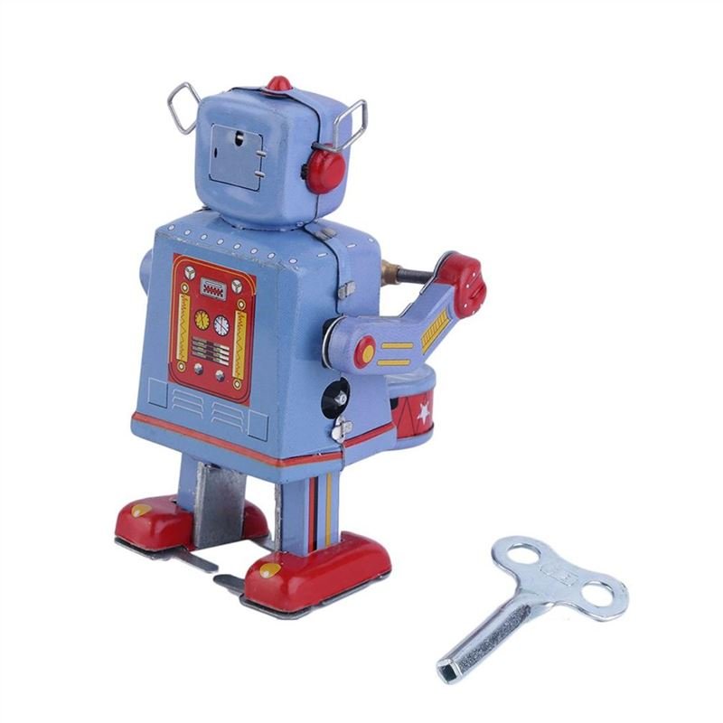 Vintage Metal Tin Drumming Robot Clockwork Wind Up Tin Toy Collectible