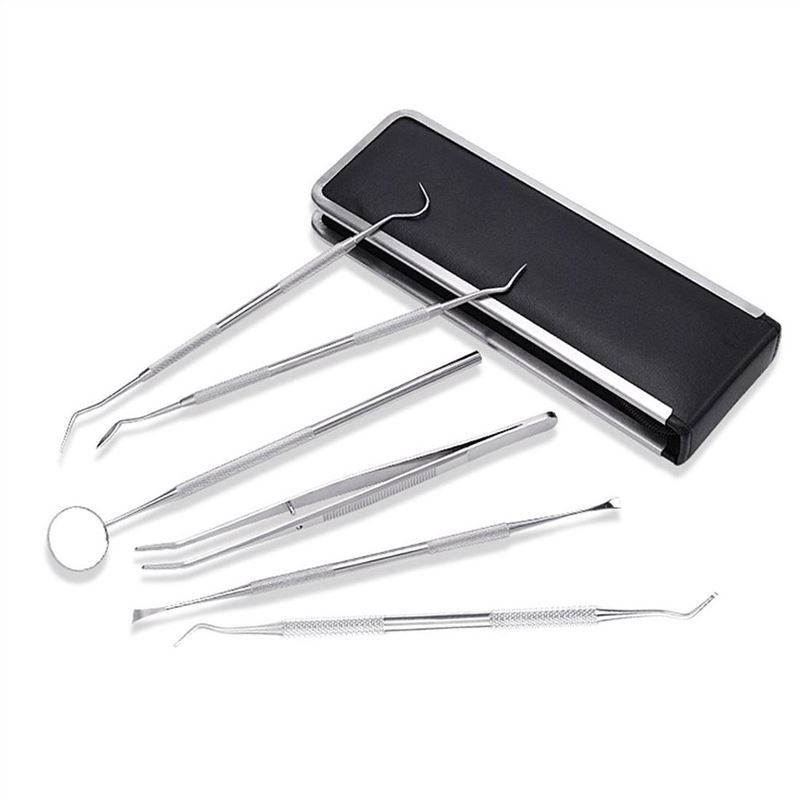 6PCS Oral Care Kit Teeth Scaler Pick Mirror Tweezers Kit With Leather Box
